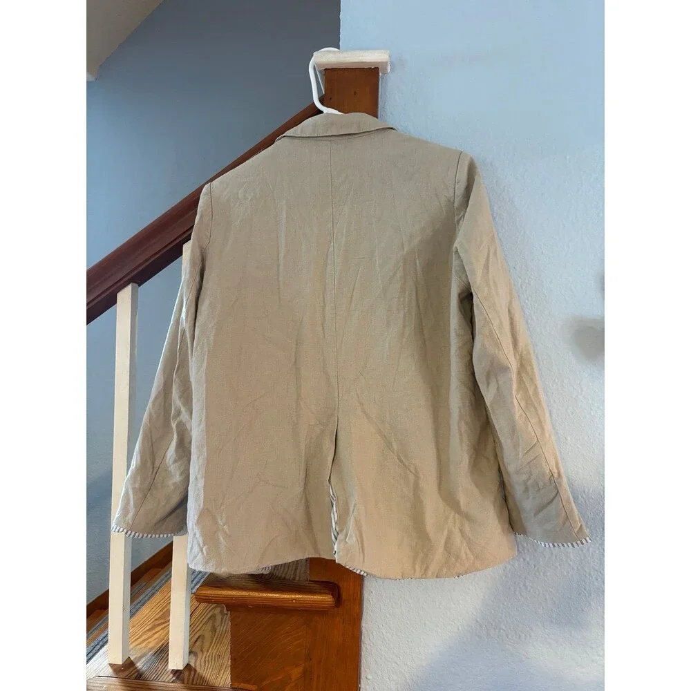 Halston open front linen blend blazer natural tan beige L professional jacket